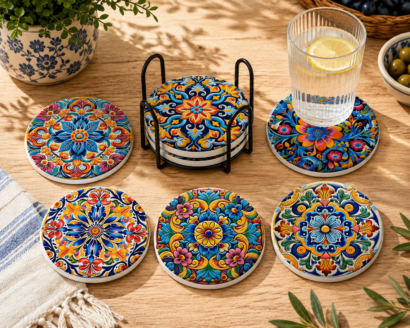 Colourful Mediterranean Floral Round Ceramic Coasters Set of 6 Pre-order