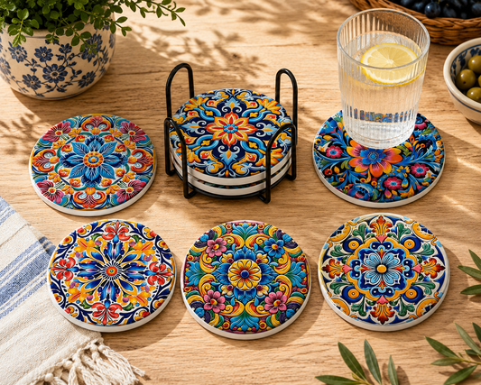 Colourful Mediterranean Floral Round Ceramic Coasters Set of 6 Pre-order