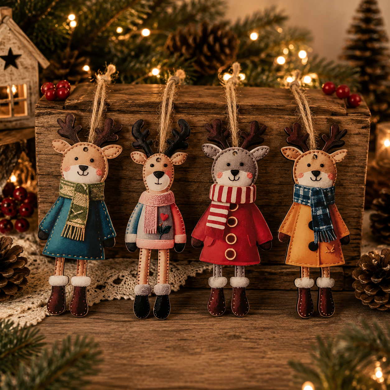 Wooden Reindeer Christmas Tree Ornaments – Set of 4 Festive Hanging Decorations