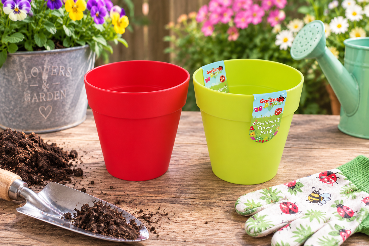 Garden Bugs Kids Children's Gardening Two Flower Pots