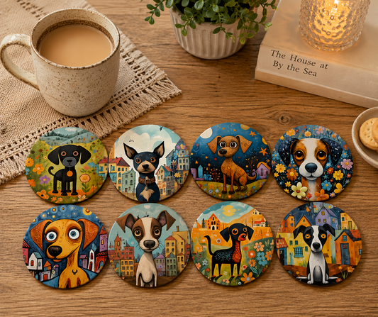 Whimsical Dog Coasters – Set of 8 Colourful Storybook Puppy Art