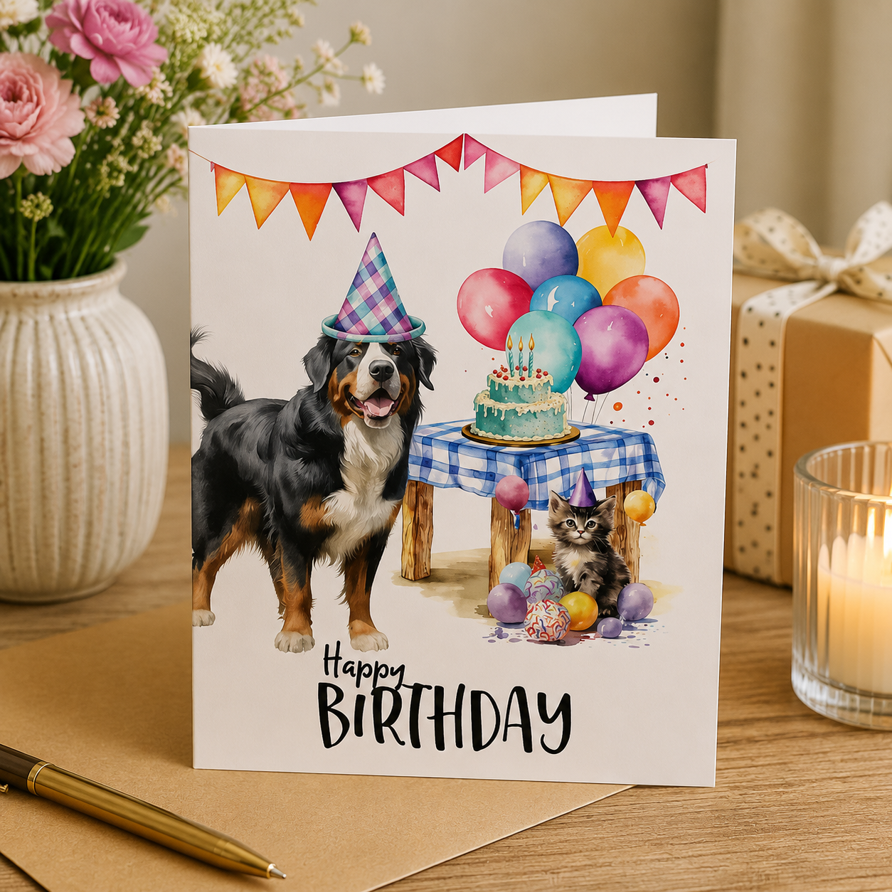 Dog Desk Berner Happy Birthday Deluxe Greeting Card