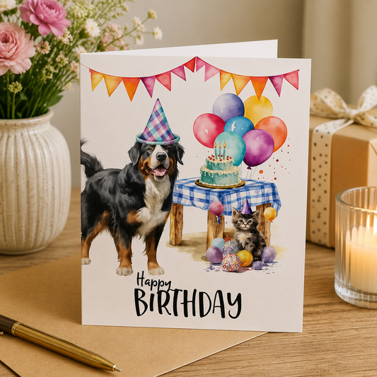 Dog Desk Berner Happy Birthday Deluxe Greeting Card