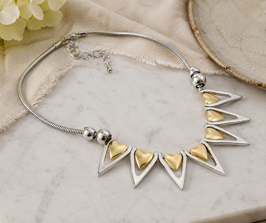 Silver & Gold Heart & Triangle Abstract Fashion Necklace