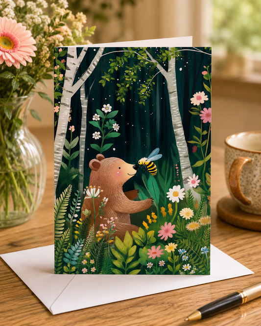 Dog Desk Bear & Bee In The Friendly Garden Deluxe Greeting Card