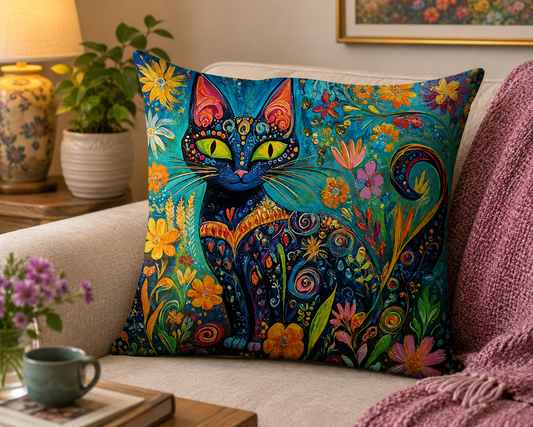 Colourful Floral Cat Cushion & Cushion Cover Vibrant Folk Art Feline Design