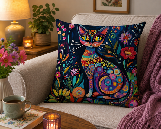 Colourful Floral Cat Cushion & Cushion Cover Vibrant Folk Art Feline Design