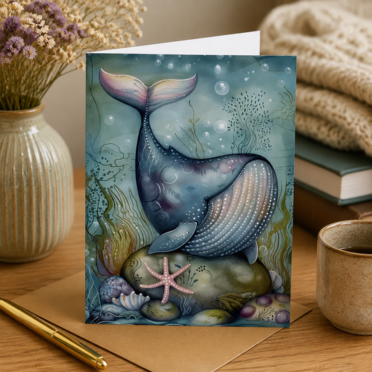 Dog Desk Whimsical Whale With Starfish Deluxe Greeting Card