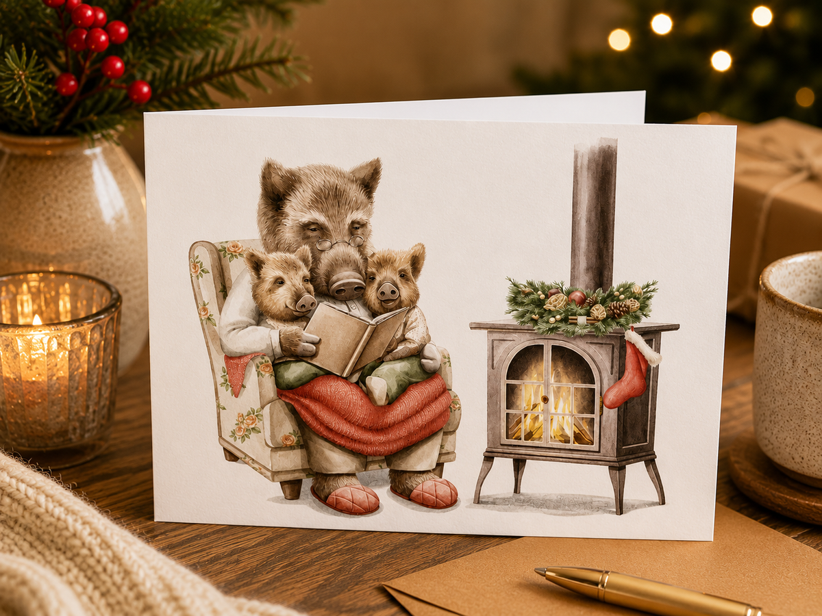 Dog Desk Bedtime Story Deluxe Christmas Card