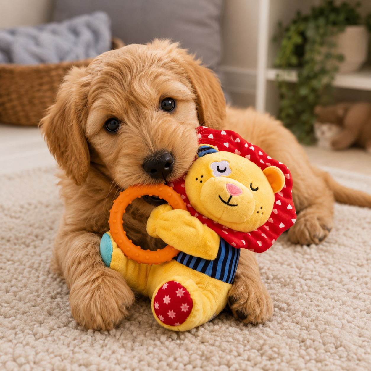 GiGwi Plush Friends Squeaker and Ring Lion Dog Toy for Puppies and Small Dogs