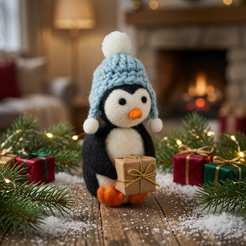 Handmade Felt Penguin In Bobble Hat Decoration