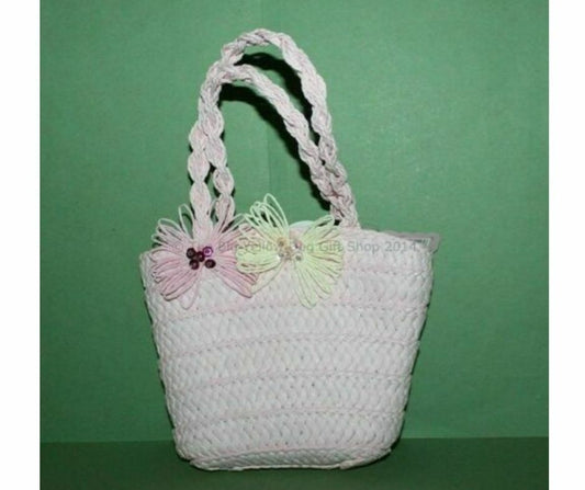 Girls Pink Woven Zip Close Bag With Applique Flowers